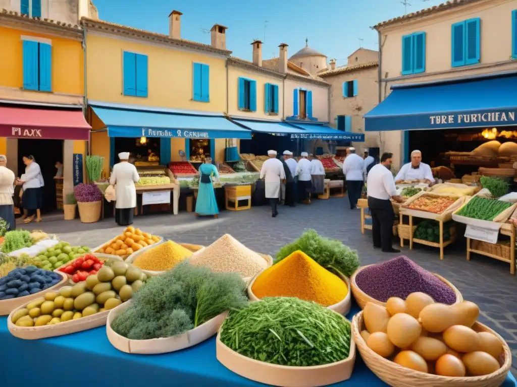 Mercado fusionado: sabores franceses y mediterráneos Mercado francés-mediterráneo: vendedores explican Beneficios fusión gastronomía francesa Dieta Mediterránea a clientes diversos