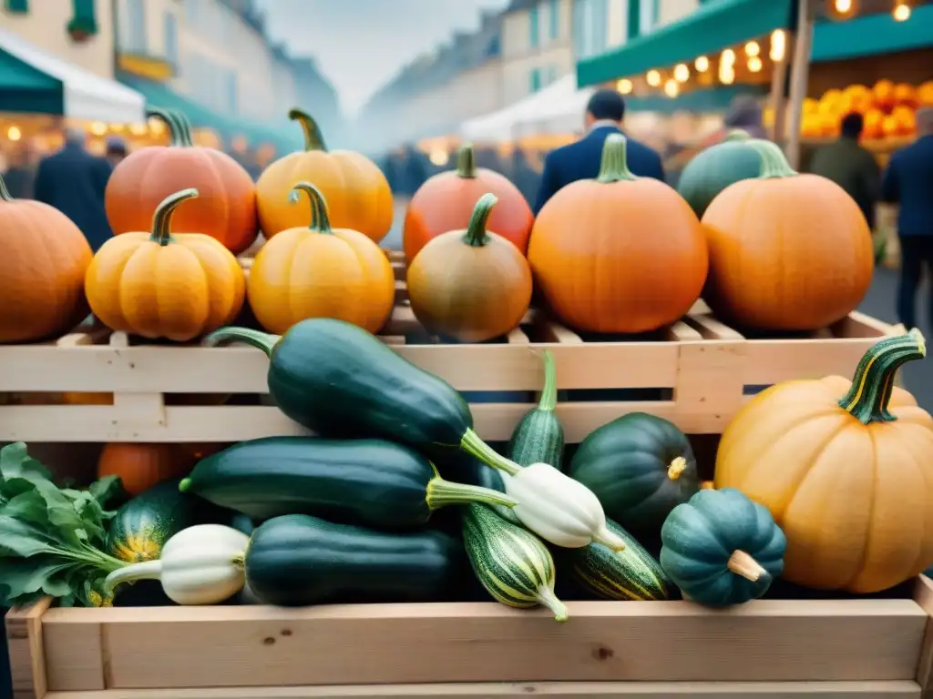 Un mercado frenético en Francia con calabazas y calabacines vibrantes, ¡Recetas con calabazas francesas gourmet!