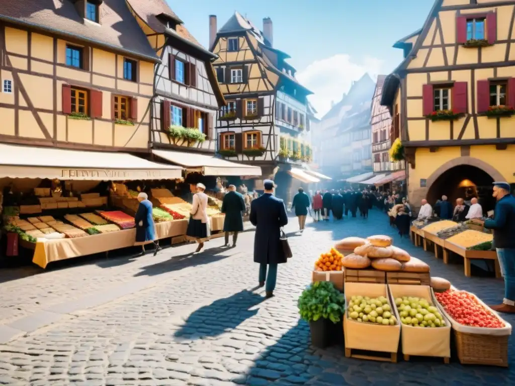 Mercado gastronómico en Alsacia, Francia: puestos coloridos con frutas, baguettes y quesos