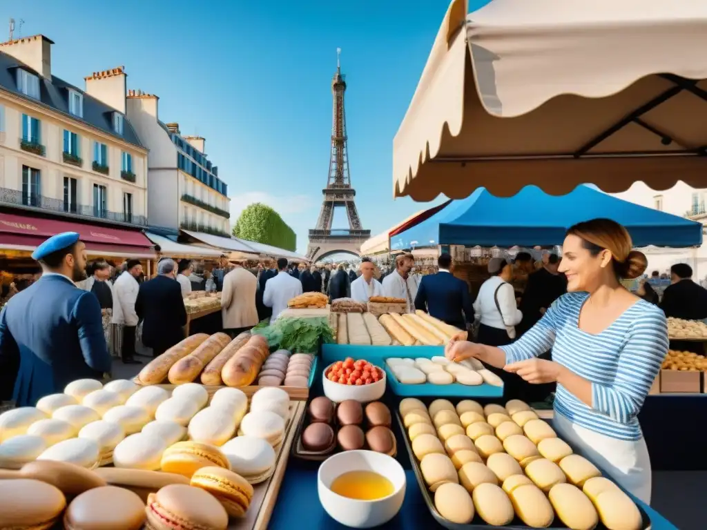 Un mercado gastronómico en Francia con baguettes, macarons y quesos, clientes y vendedores, y la Torre Eiffel al fondo