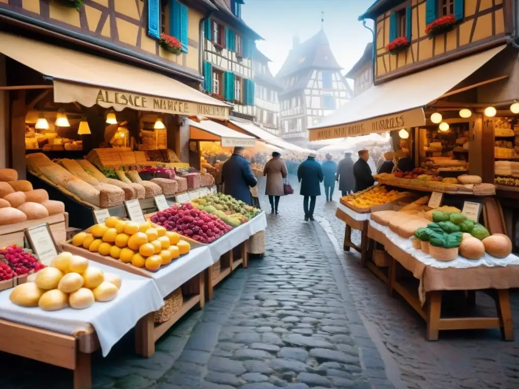 Mercado gastronómico en Alsacia, Francia, con puestos de frutas, quesos y pan fresco