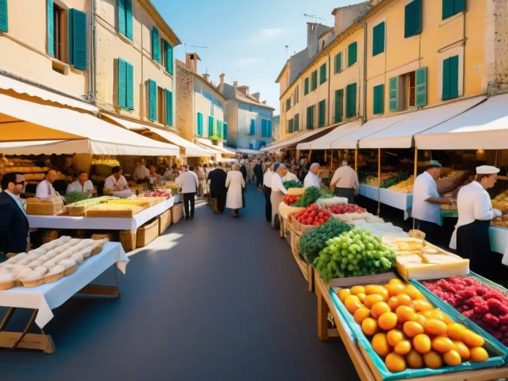 Un mercado gastronómico vibrante y concurrido en Provenza al atardecer, con puestos coloridos y multitudes disfrutando