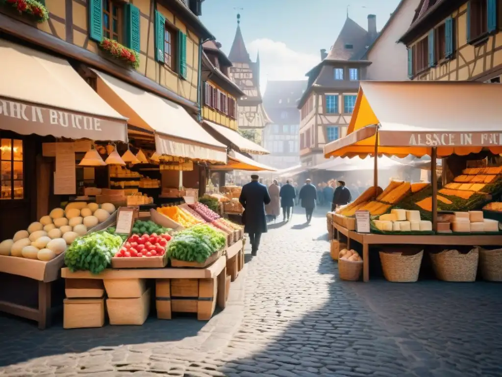 Mercado gastronómico en Alsacia, Francia: escena vibrante con productos frescos, quesos locales y pan artesanal