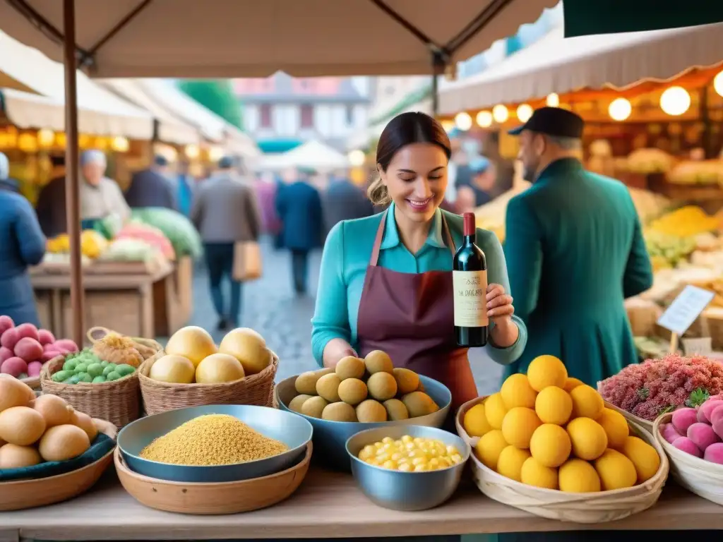 Mercado gastronómico en Alsacia, Francia: escena vibrante con productos locales y vendedor entusiasta