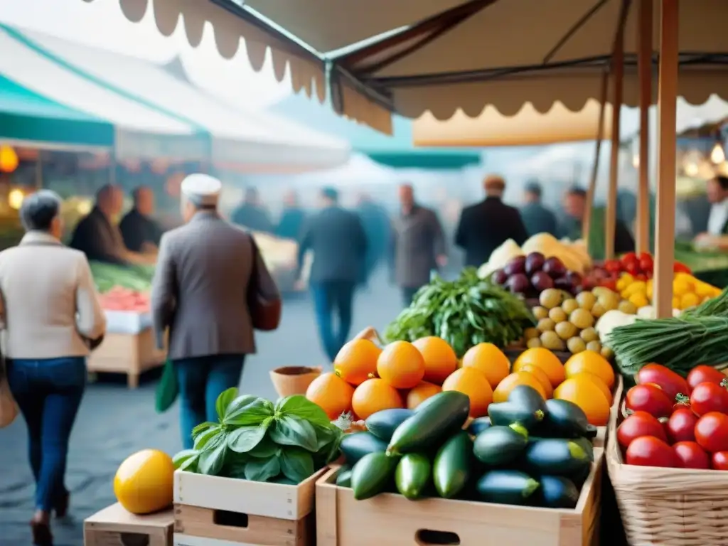 Un mercado italiano bullicioso con productos frescos y coloridos, reflejando la influencia italiana en gastronomía francesa