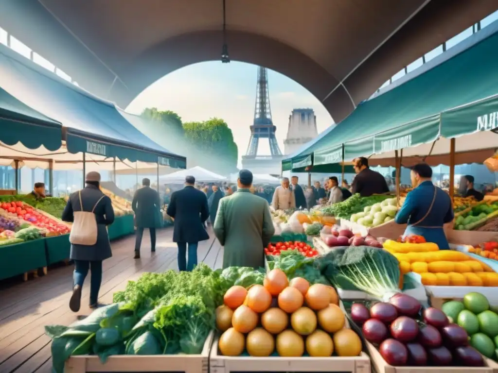 Un mercado lleno de vida en París con frutas y verduras orgánicas y coloridas