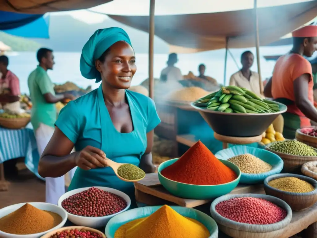 Un mercado local bullicioso en Mayotte con coloridas especias, frutas exóticas y mariscos frescos, vendedores locales y una auténtica atmósfera isleña