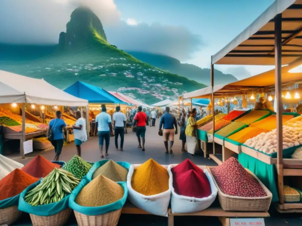 Un mercado local bullicioso en Mayotte con puestos llenos de especias coloridas, frutas tropicales, mariscos frescos y artesanías locales