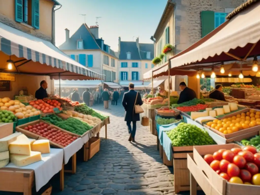 Un mercado local en Francia, vibrante y colorido, rebosante de productos frescos y auténticos