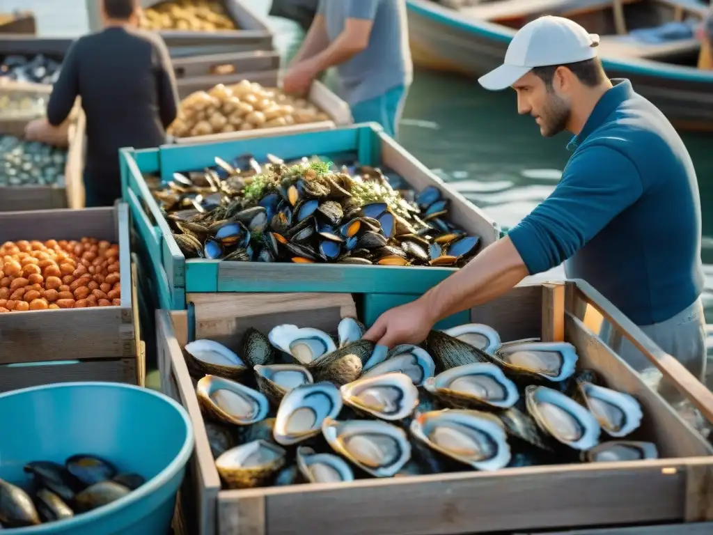 Un mercado de mariscos bullicioso en Bretaña, Francia, con pescadores locales descargando pescado fresco