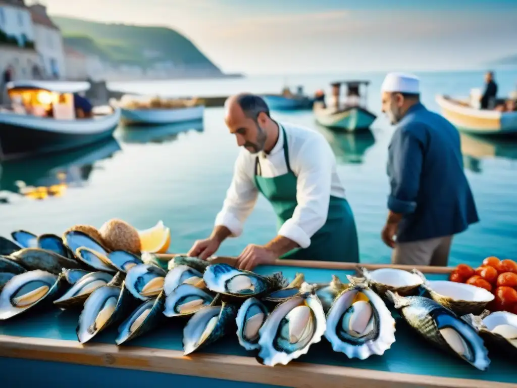 Mercado de mariscos francés con pescadores descargando capturas frescas, chefs inspeccionando pescado y mariscos