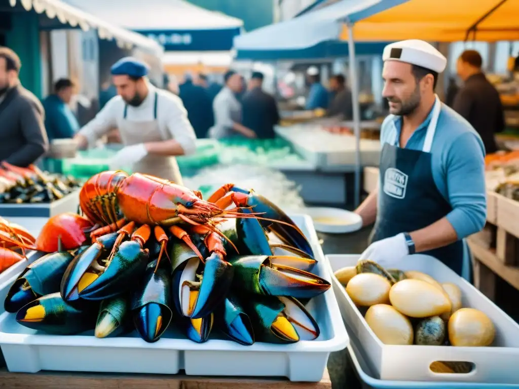 Mercado de mariscos en Normandía con vendedores mostrando langostas, cangrejos, ostras y mejillones en hielo