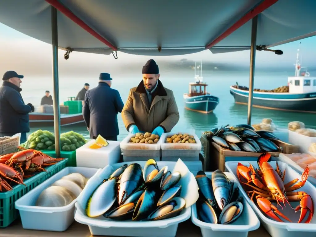 Un mercado de mariscos en Normandía rebosante de vida, con vendedores mostrando una variedad de mariscos frescos en hielo