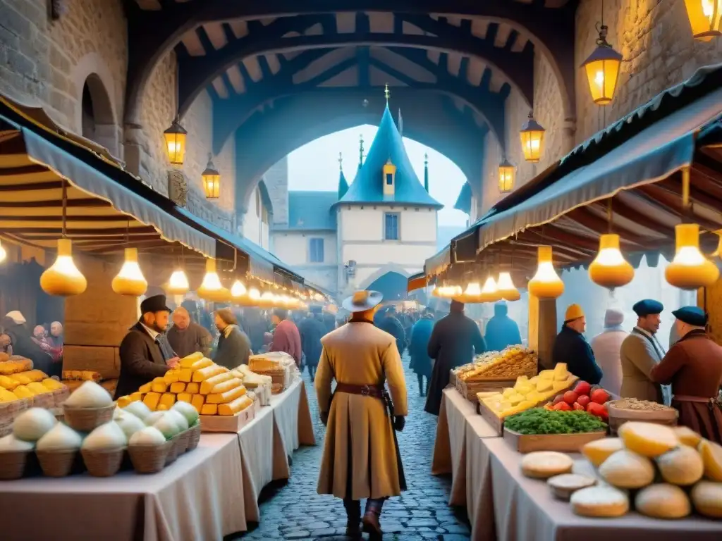 Un mercado medieval bullicioso en Francia, con calles empedradas y coloridos puestos de productos frescos, quesos artesanales y pasteles tradicionales