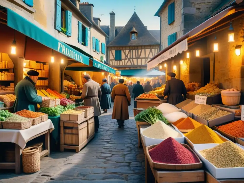 Un mercado medieval francés bullicioso con vendedores ofreciendo especias coloridas y productos frescos de diversas culturas