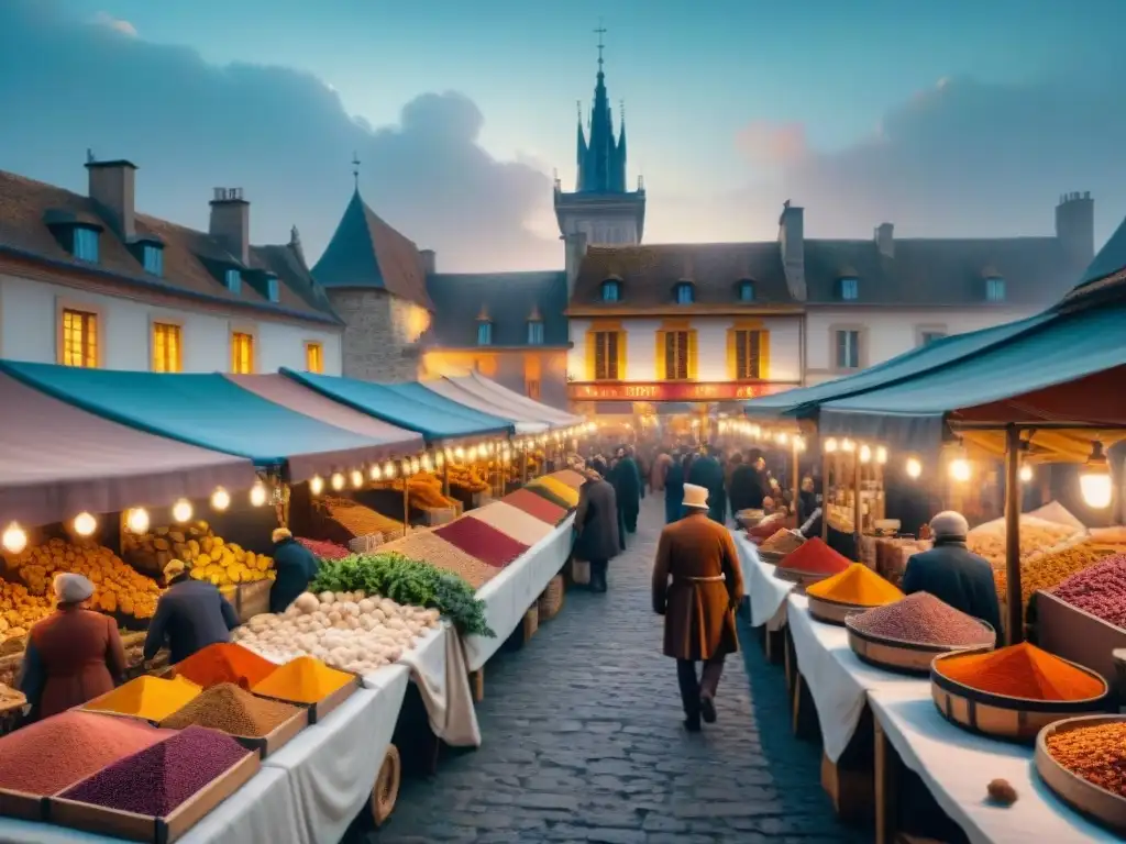 Mercado medieval francés con ingredientes de historia y cocina evolución