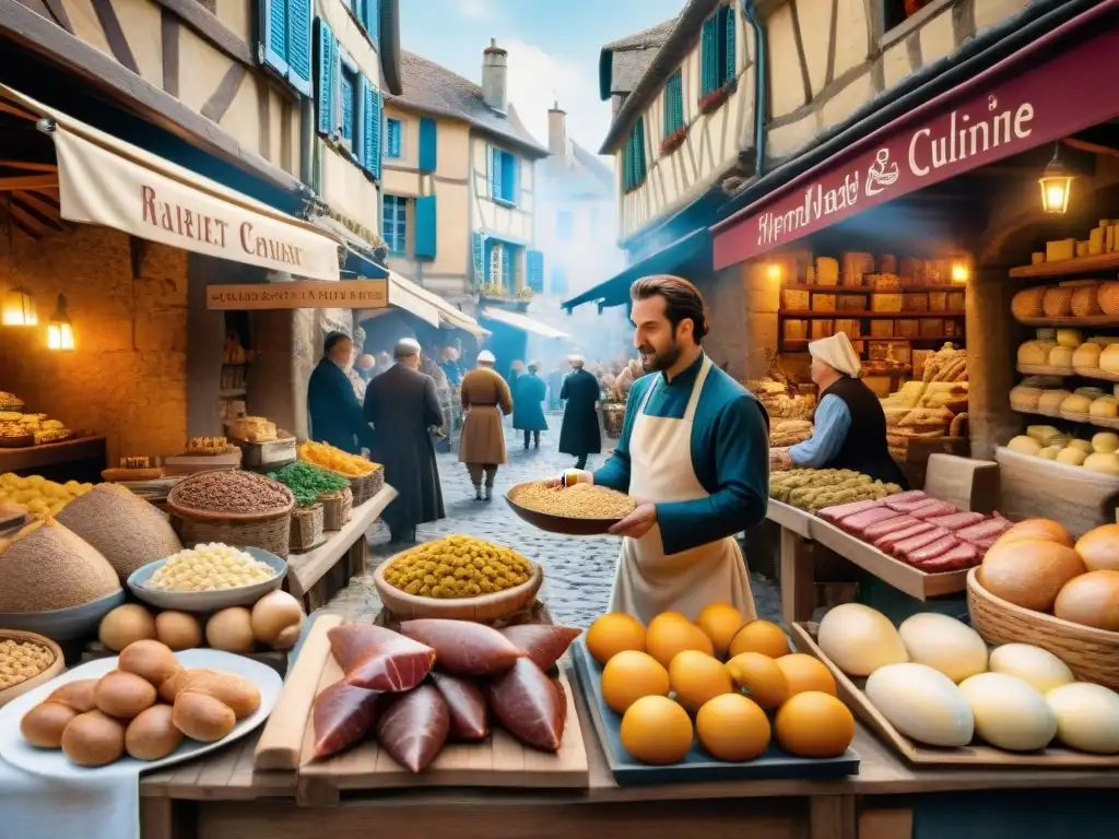 Un mercado medieval lleno de vida en Francia, mostrando vendedores y alimentos tradicionales