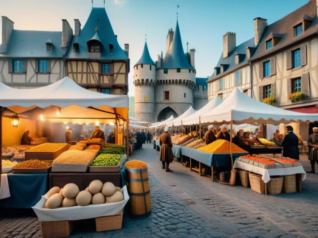 Mercado medieval en Francia con vendedores de alimentos y especias, un castillo al fondo y soldados