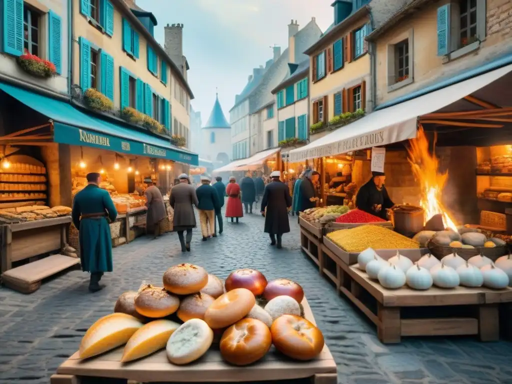 Mercado medieval en Francia, con vendedores y alimentos auténticos