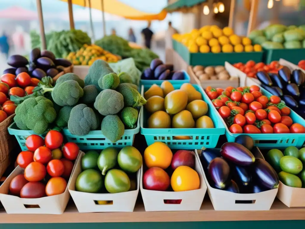 Un mercado mediterráneo rebosante de frutas y verduras francesas, resaltando la dieta mediterránea