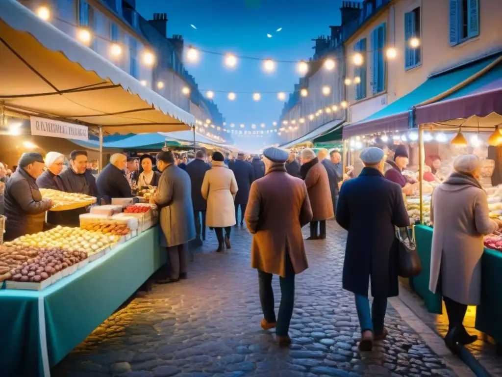 Un mercado nocturno francés bullicioso, iluminado por luces parpadeantes, con vendedores locales ofreciendo baguettes, macarons, quesos y Coq au Vin