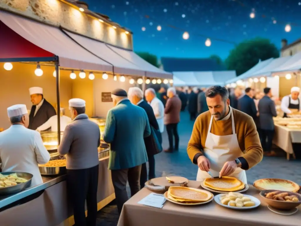 Un mercado nocturno francés bullicioso con delicias tradicionales y un chef preparando platos típicos