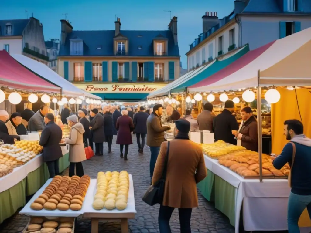 Un mercado nocturno francés iluminado por luces doradas, mostrando delicias como croissants y quesos, creando una atmósfera acogedora y diversa