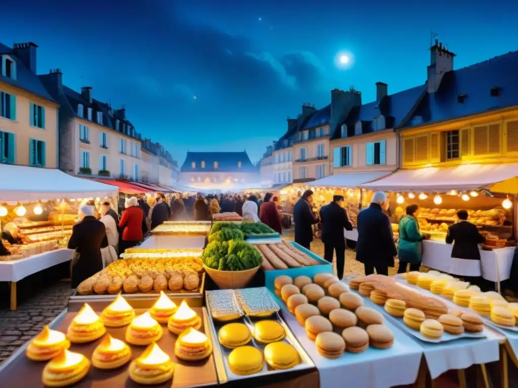 Un mercado nocturno en Francia iluminado por cálidas luces doradas, con puestos de baguettes, macarons y Coq au Vin