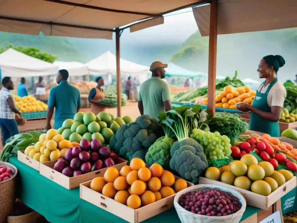 Un mercado orgánico bullicioso en Mayotte con ingredientes frescos y coloridos