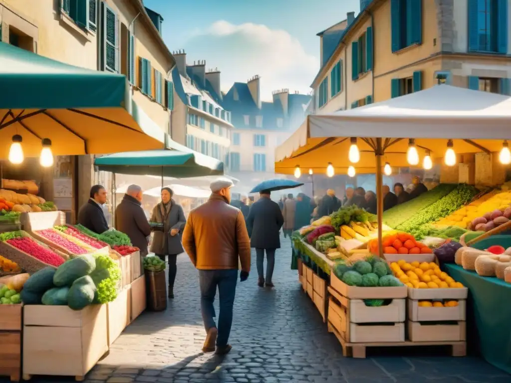 Un mercado orgánico francés bullicioso con puestos de frutas y verduras frescas, quesos locales, pan artesanal y flores vibrantes