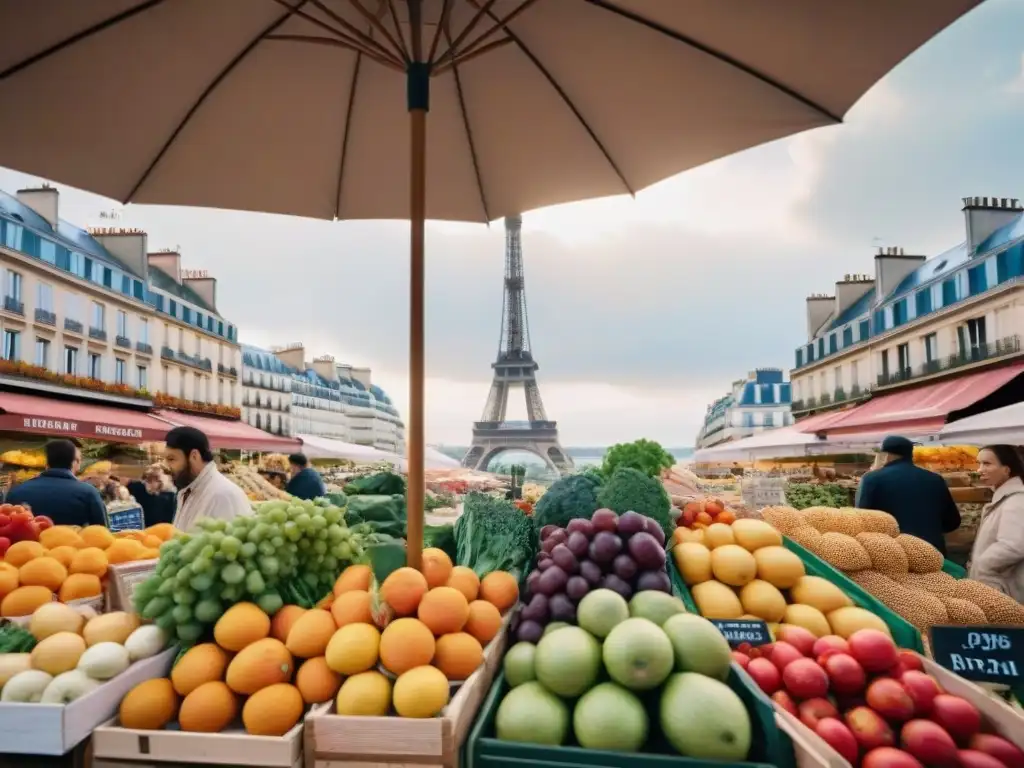 Un mercado orgánico francés bullicioso con una variedad de productos coloridos bajo sombrillas vibrantes, la Torre Eiffel al fondo