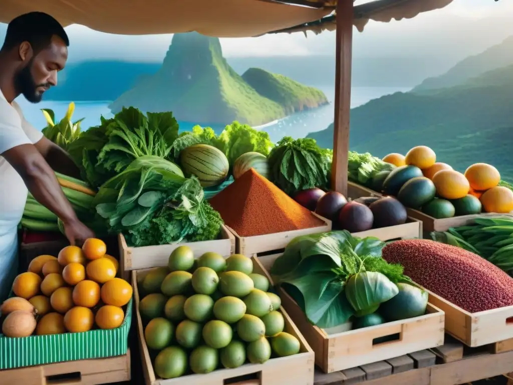 Un mercado orgánico vibrante en Mayotte con una variedad colorida de ingredientes locales como frutas exóticas, especias fragantes y verduras frescas