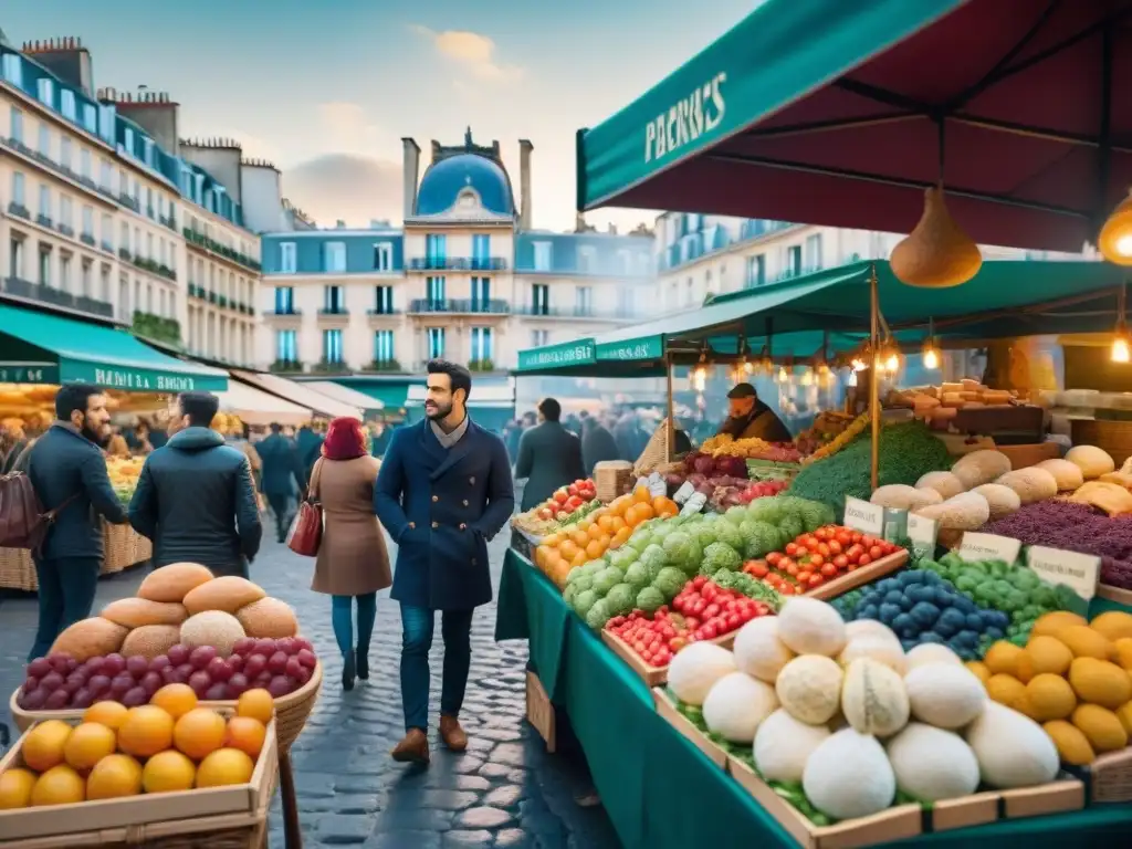 Mercado parisino bullicioso con coloridas frutas, quesos y pan fresco