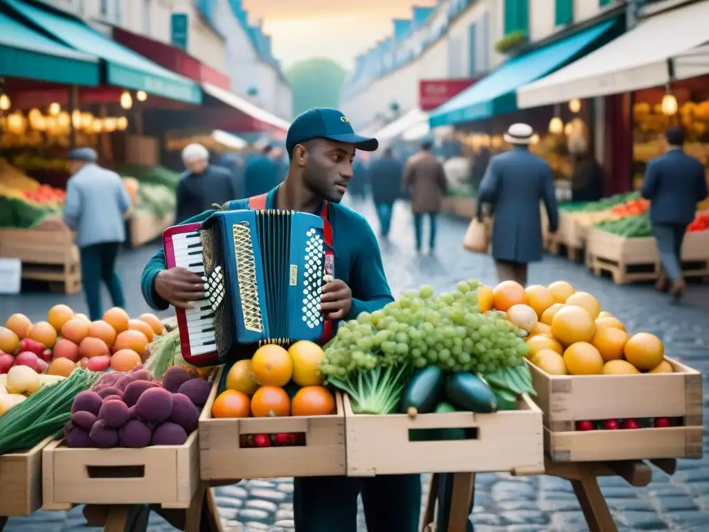 Un mercado parisino bullicioso con frutas y verduras vibrantes, flores coloridas y locales disfrutando de la gastronomía francesa