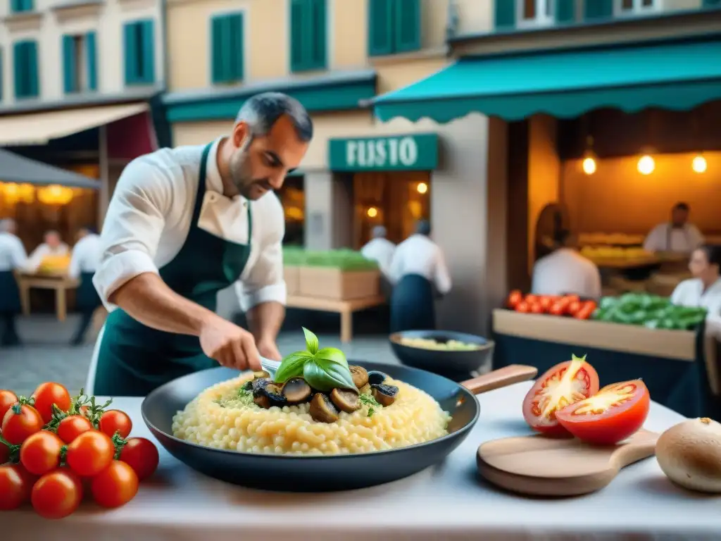 Un mercado parisino bullicioso con historia culinaria: chef prepara risotto mientras clientes disfrutan