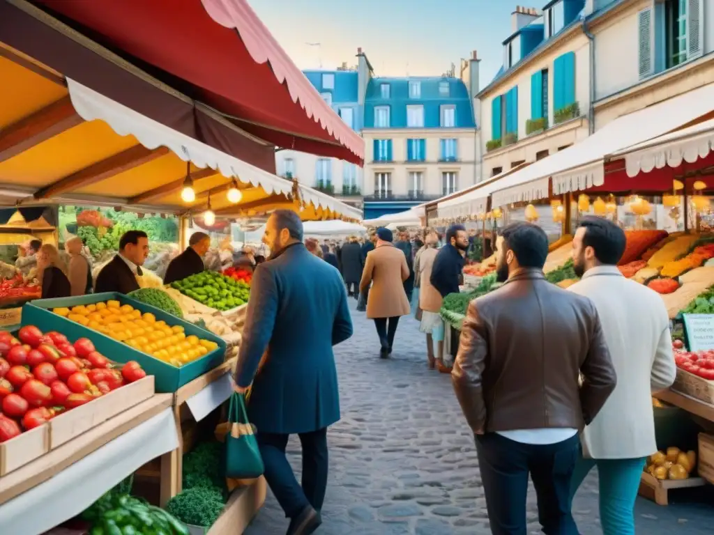 Mercado parisino bullicioso con influencia gastronomía francesa en cocina: coloridos productos, arquitectura elegante y ambiente auténtico