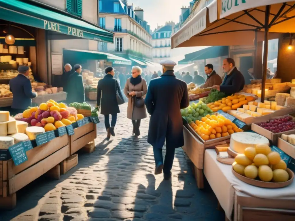 Un mercado parisino bullicioso con ingredientes frescos y locales, reflejando la gastronomía francesa innovadora y tradicional