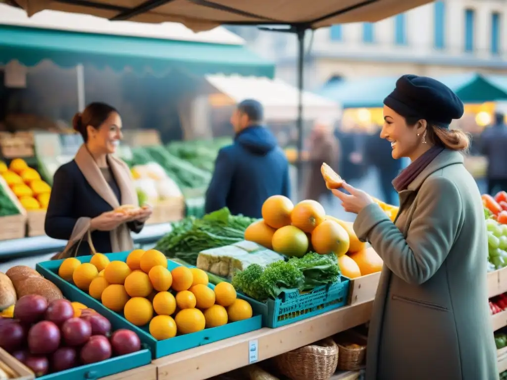 Un mercado parisino bullicioso, lleno de coloridas paradas con frutas, verduras, quesos y pan artesanal