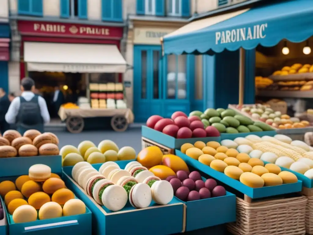 Un mercado parisino bullicioso con productos frescos, quesos artesanales y macarons coloridos