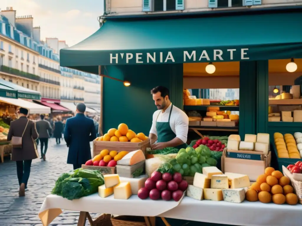 Mercado parisino bullicioso con productos frescos y coloridas flores, reflejo de la cocina francesa para estudiantes internacionales