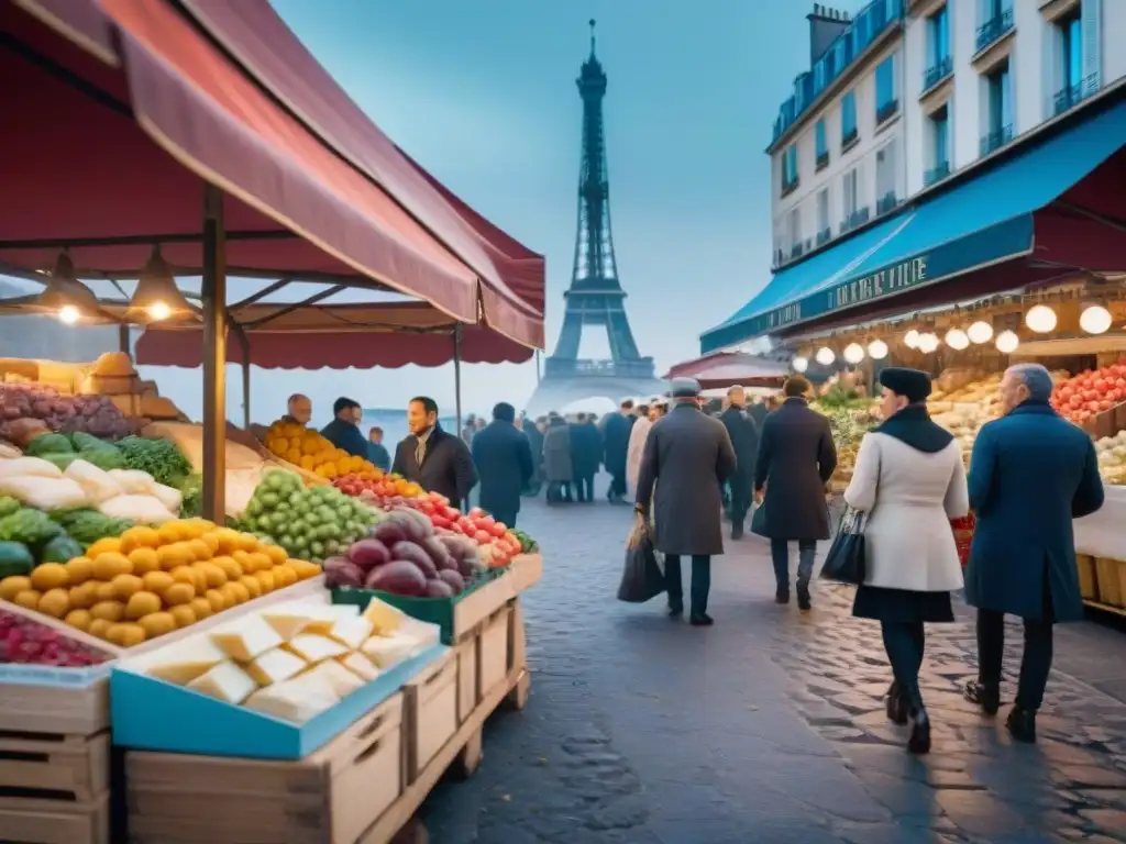 Mercado parisino bullicioso al amanecer con productos frescos y la Torre Eiffel de fondo