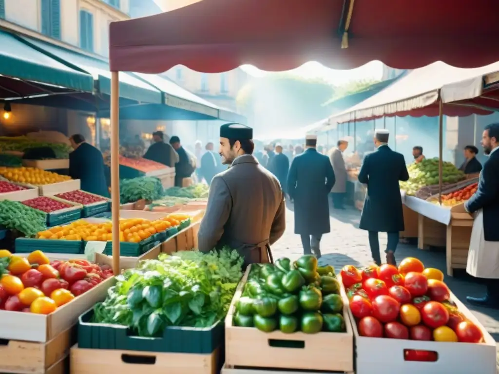 Un mercado parisino bullicioso con productos frescos y clientes variados, resaltando la gastronomía francesa sostenible en restaurantes chic