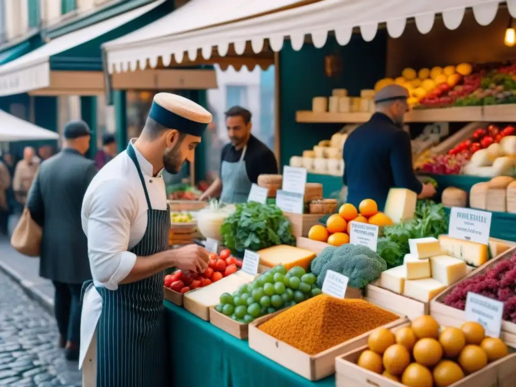 Un mercado parisino bullicioso con productos frescos y coloridas especias, evocando la gastronomía francesa