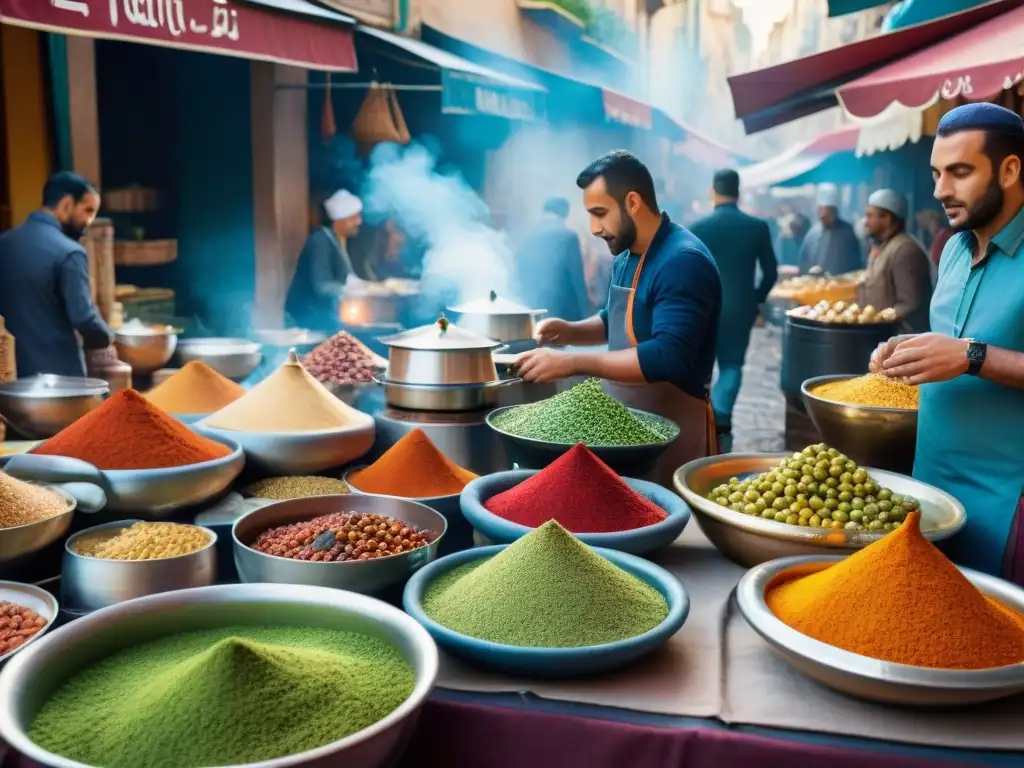 Mercado parisino bullicioso con Tajines en París: gastronomía francesa y aromas marroquíes se fusionan en vibrante escena multicultural