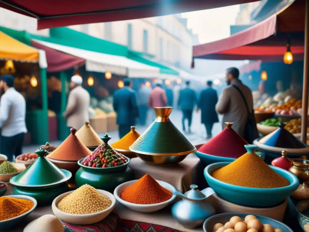 Mercado parisino bullicioso con tajines coloridos en París, fusionando gastronomía francesa y árabe