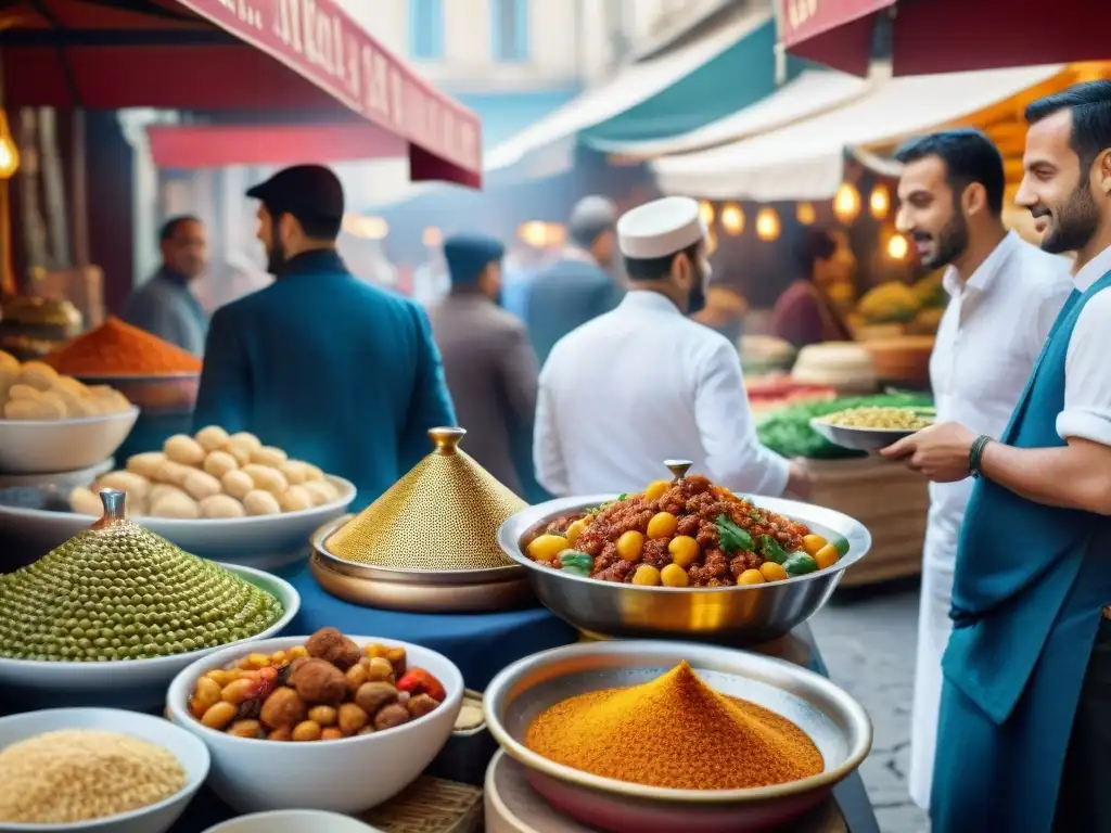 Un mercado parisino bullicioso con vibrantes puestos de Tajines, fusionando la gastronomía árabe con la francesa