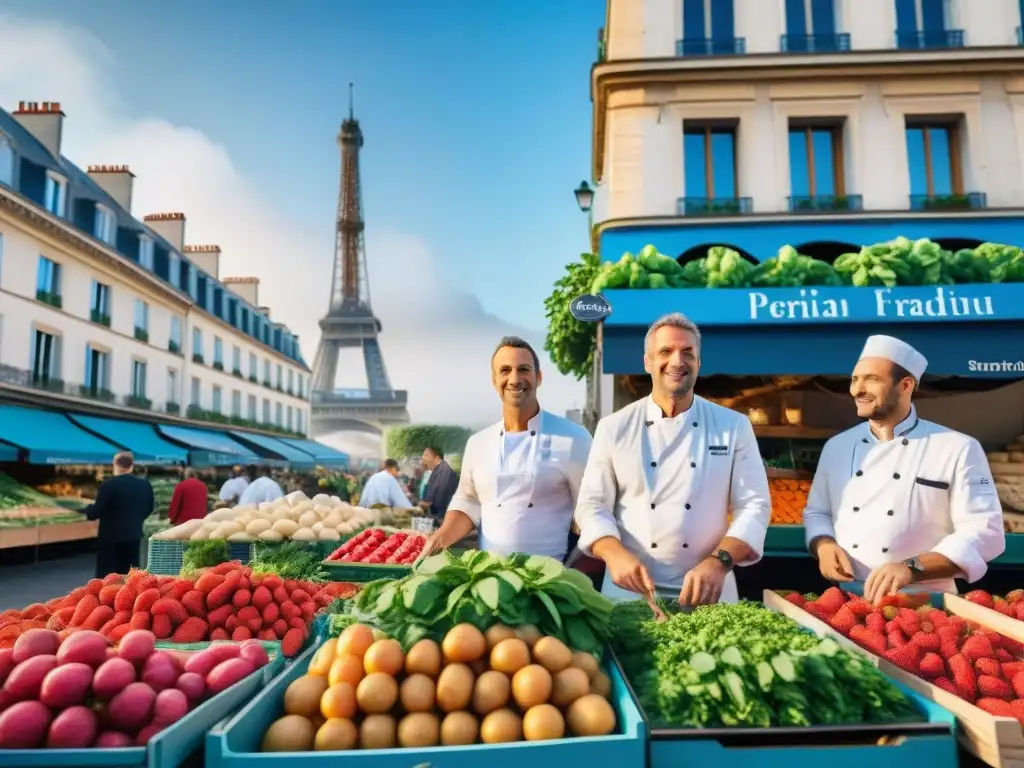 Mercado parisino con chefs ecofriendly seleccionando ingredientes bajo la Torre Eiffel