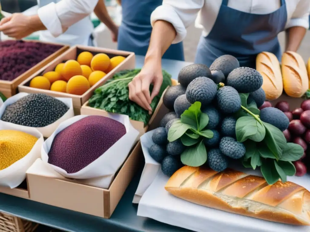 Mercado parisino con ingredientes tradicionales y superfoods