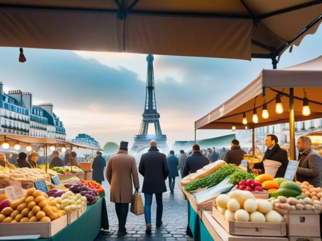 Un mercado parisino lleno de vida con productos frescos y coloridos bajo la cálida luz dorada, la Torre Eiffel al fondo