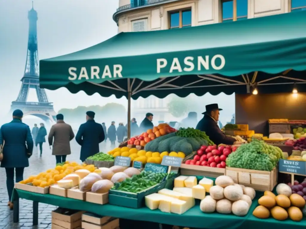 Mercado parisino con productos frescos bajo la Torre Eiffel, evocando la Cocina francesa influencia Asia